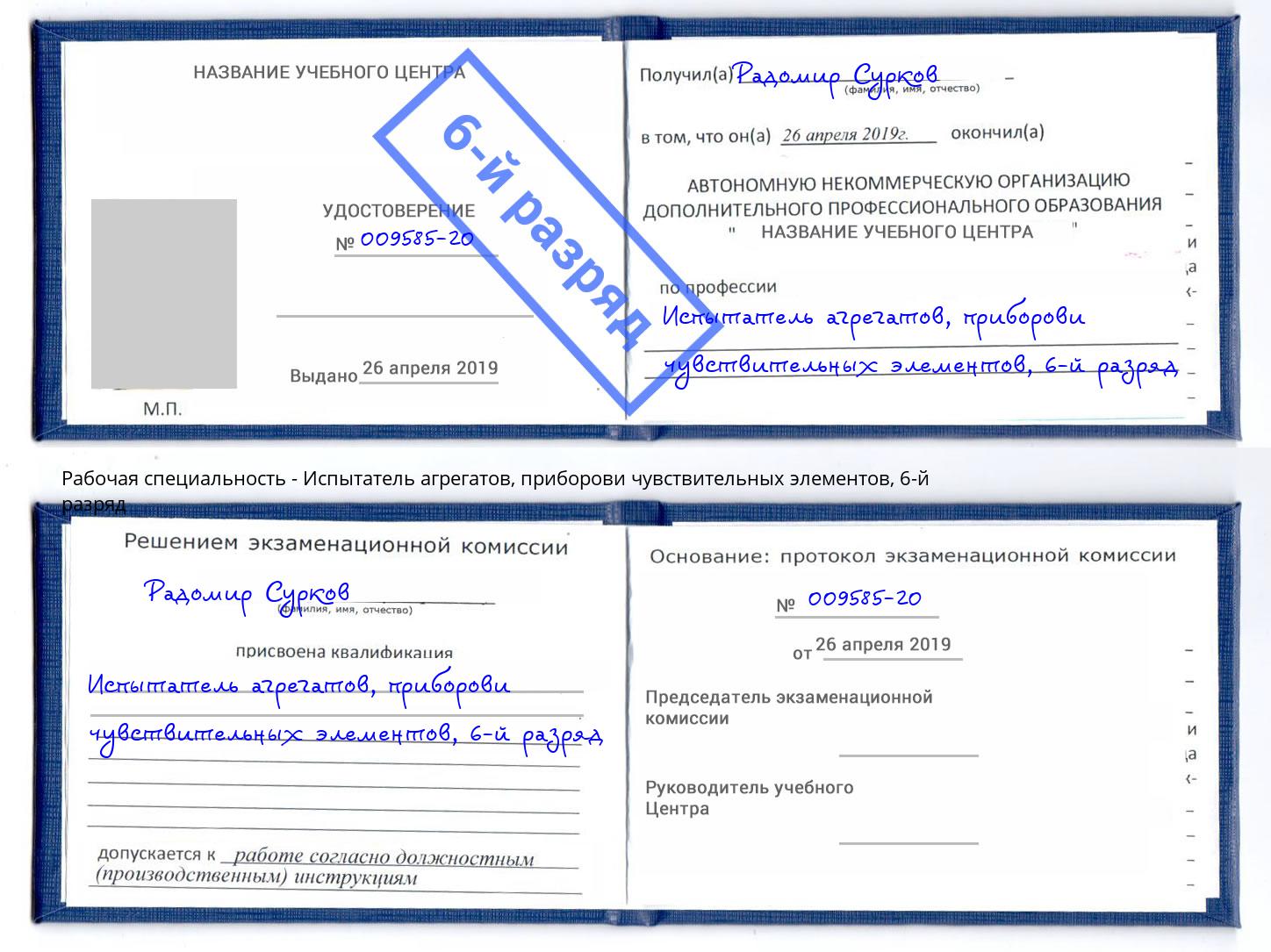 корочка 6-й разряд Испытатель агрегатов, приборови чувствительных элементов Тулун