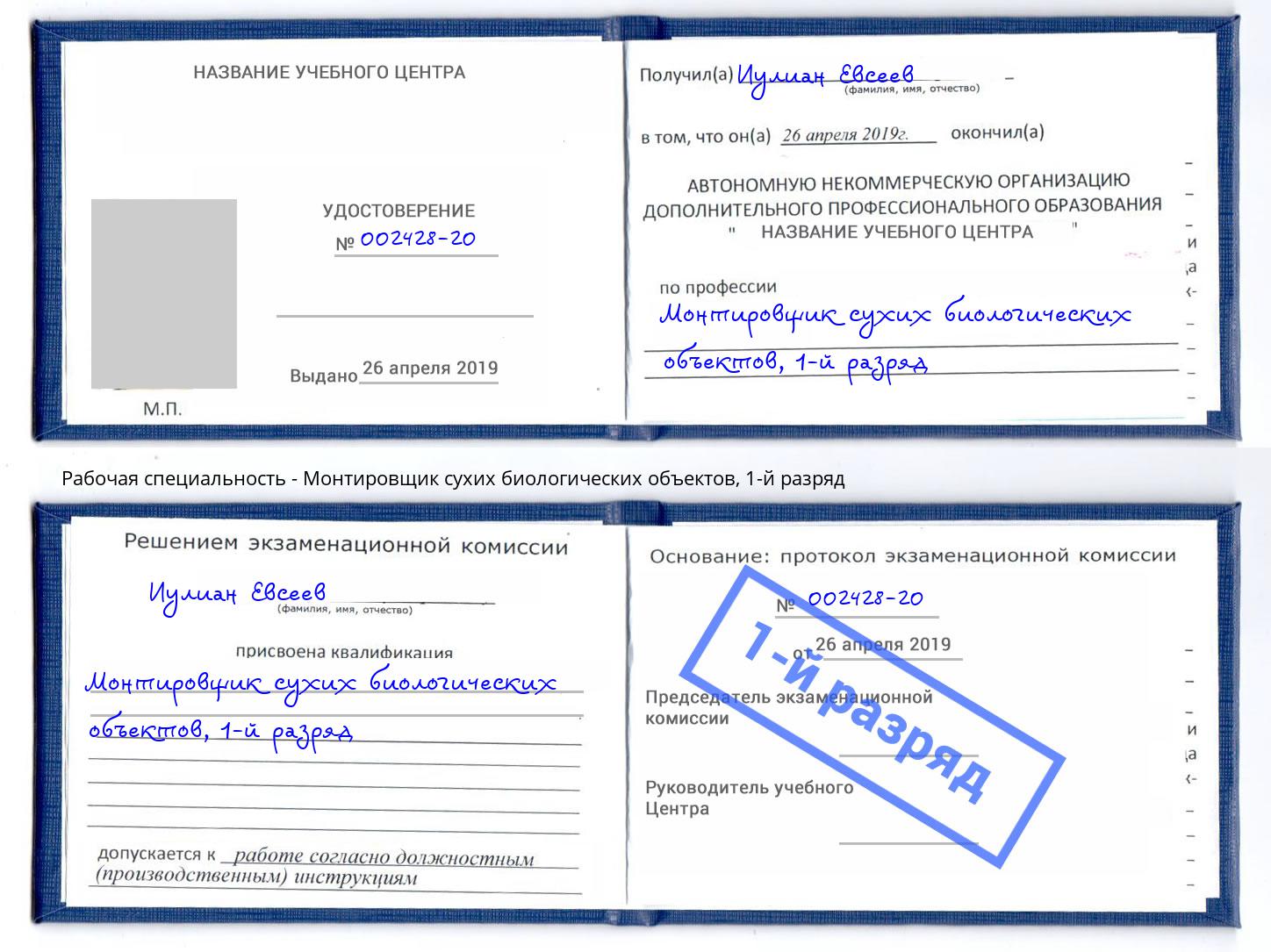 корочка 1-й разряд Монтировщик сухих биологических объектов Тулун