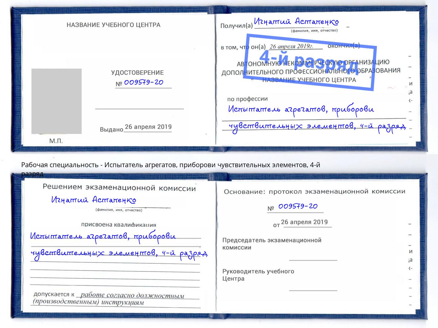 корочка 4-й разряд Испытатель агрегатов, приборови чувствительных элементов Тулун