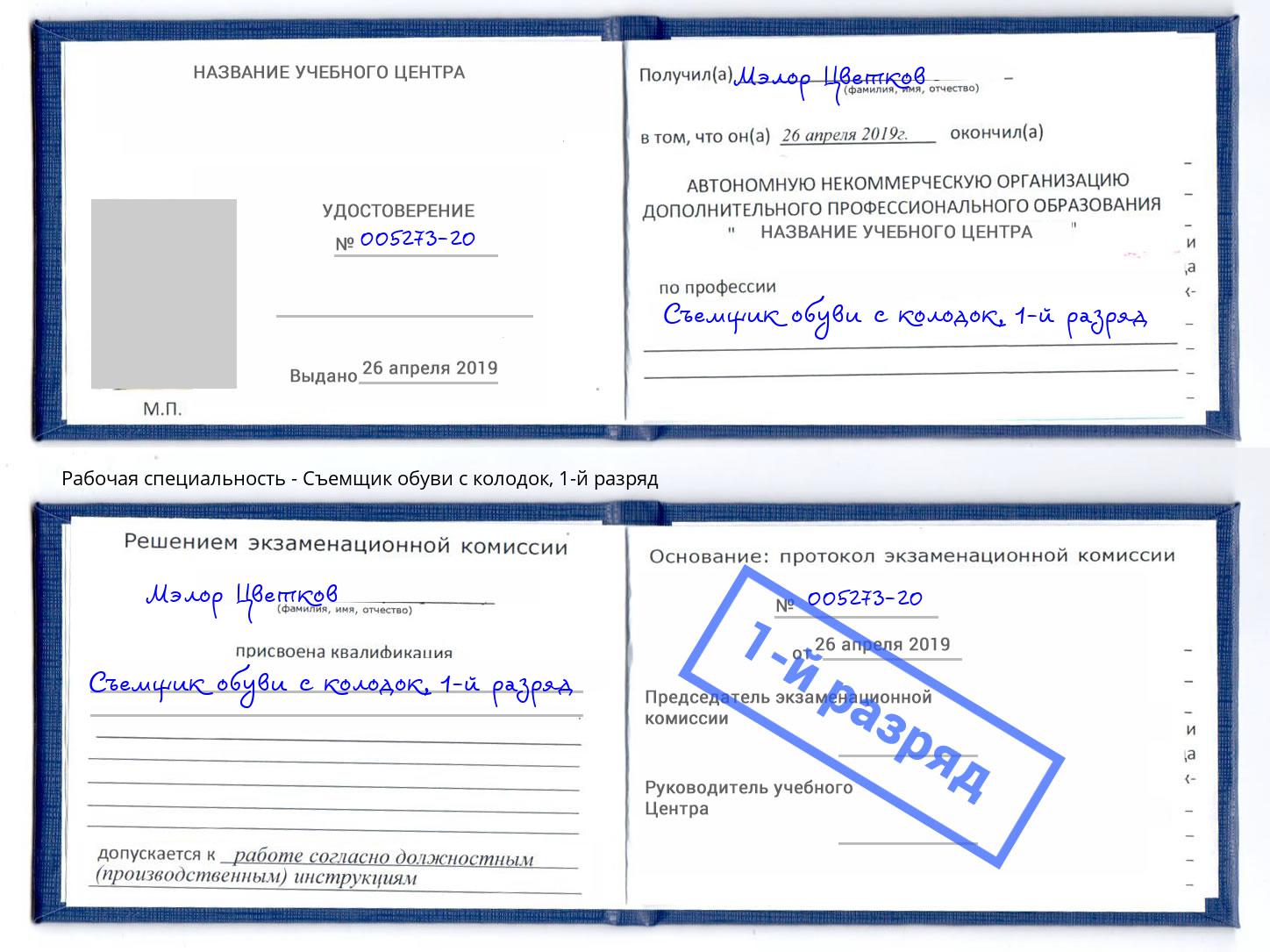 корочка 1-й разряд Съемщик обуви с колодок Тулун